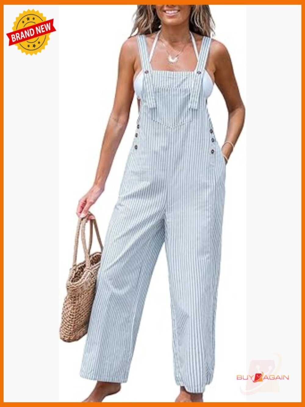 Striped Wide Leg Maxi Jumpsuit with Pockets - 100% Cotton Sleeveless